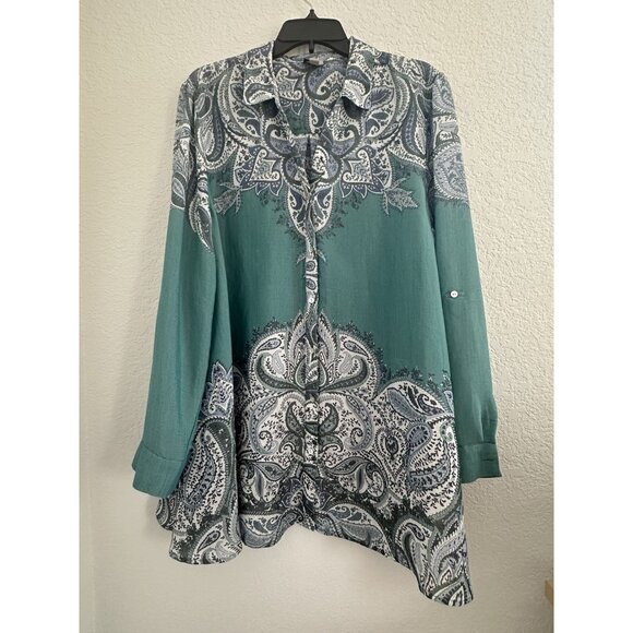 Como Vintage Womens Button Up Shirt 1X Green Paisley Boho Cottagecore Office - Picture 1 of 9